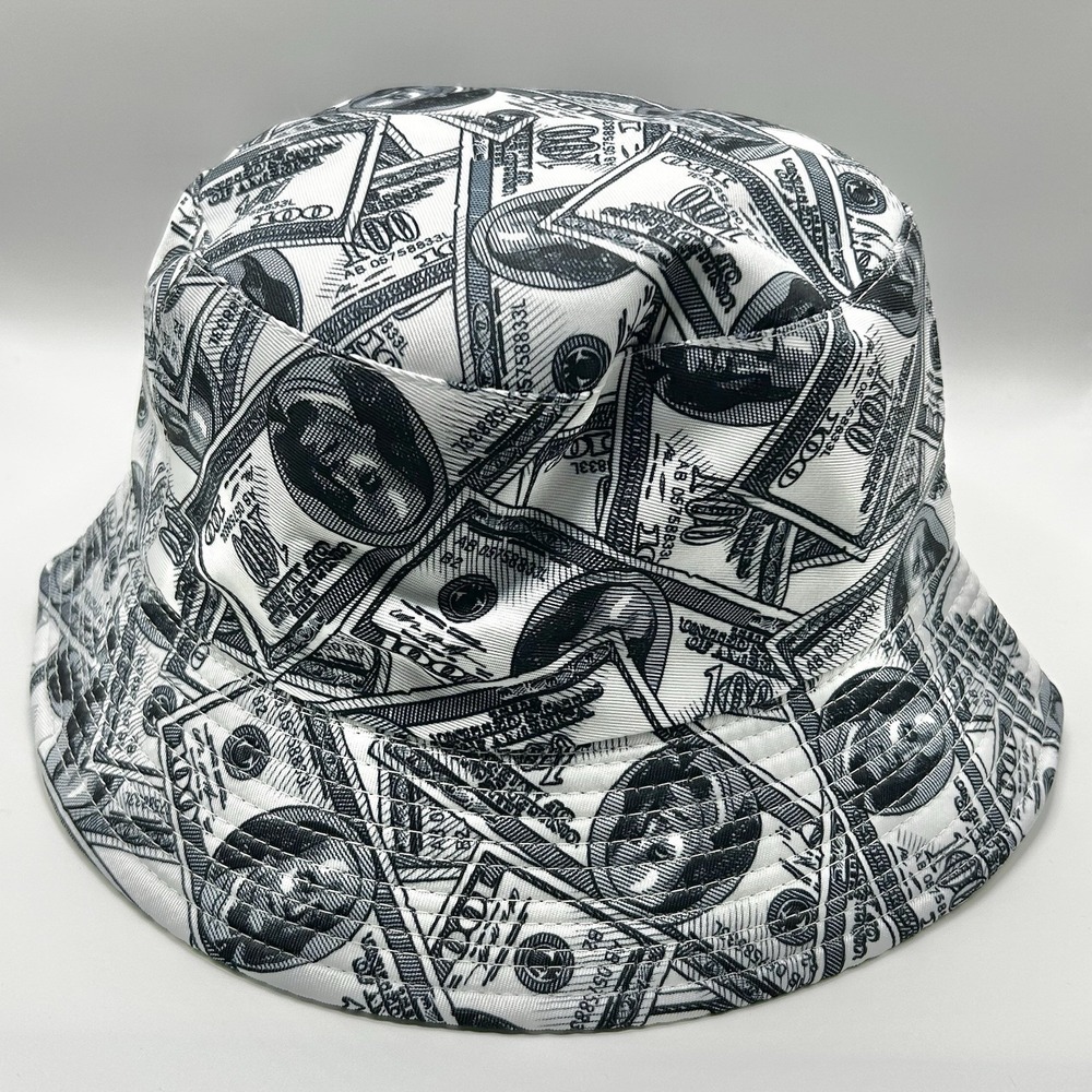 100 Dollar Bills Pattern Design Bucket Hat Cap One Size Adult Outdoors White